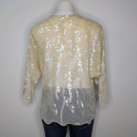 Vintage off white fully sequined & beaded 1/2 sleeve top S/M - Picture 6 of 10